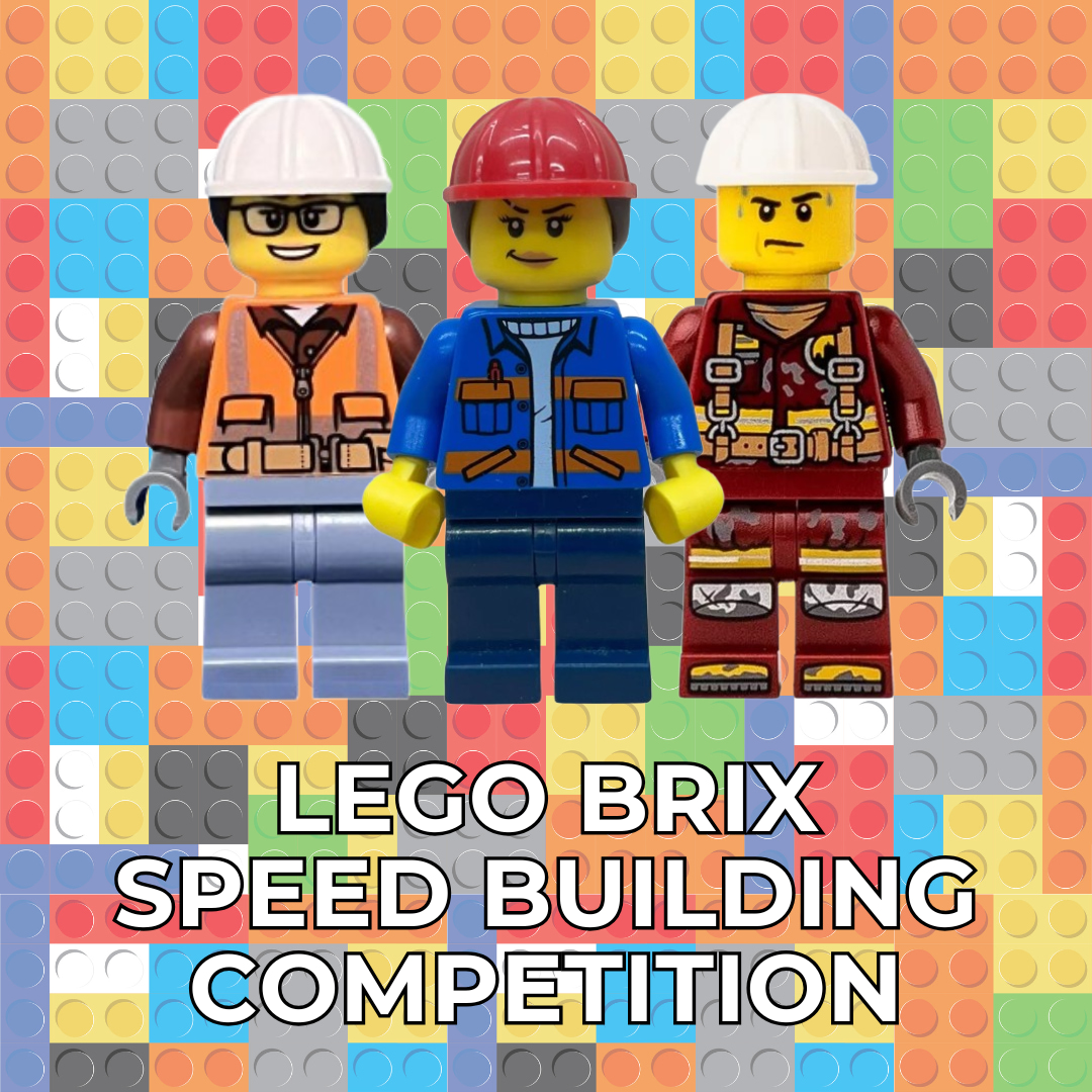 Three lego mini figures, Lego Brix Speed Buildig Competition